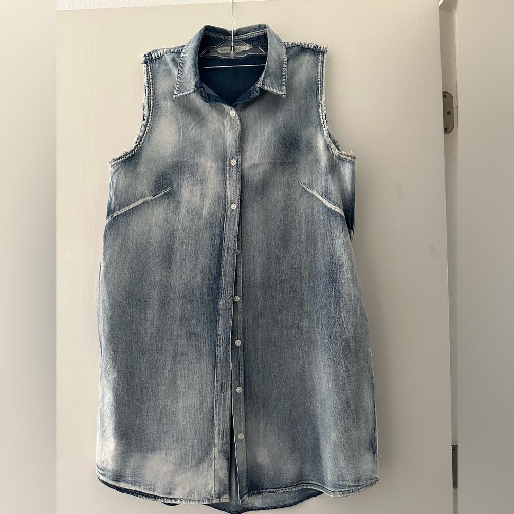 Cotton denim shirt dress. Knee length,w/pockets. Lightly used,no rips/tears